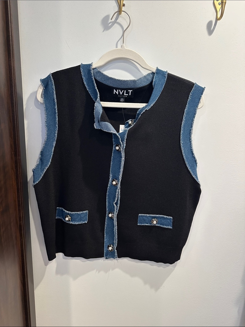 NVLT Black Knit Vest with Blue Denim Trim and Decorative Buttons